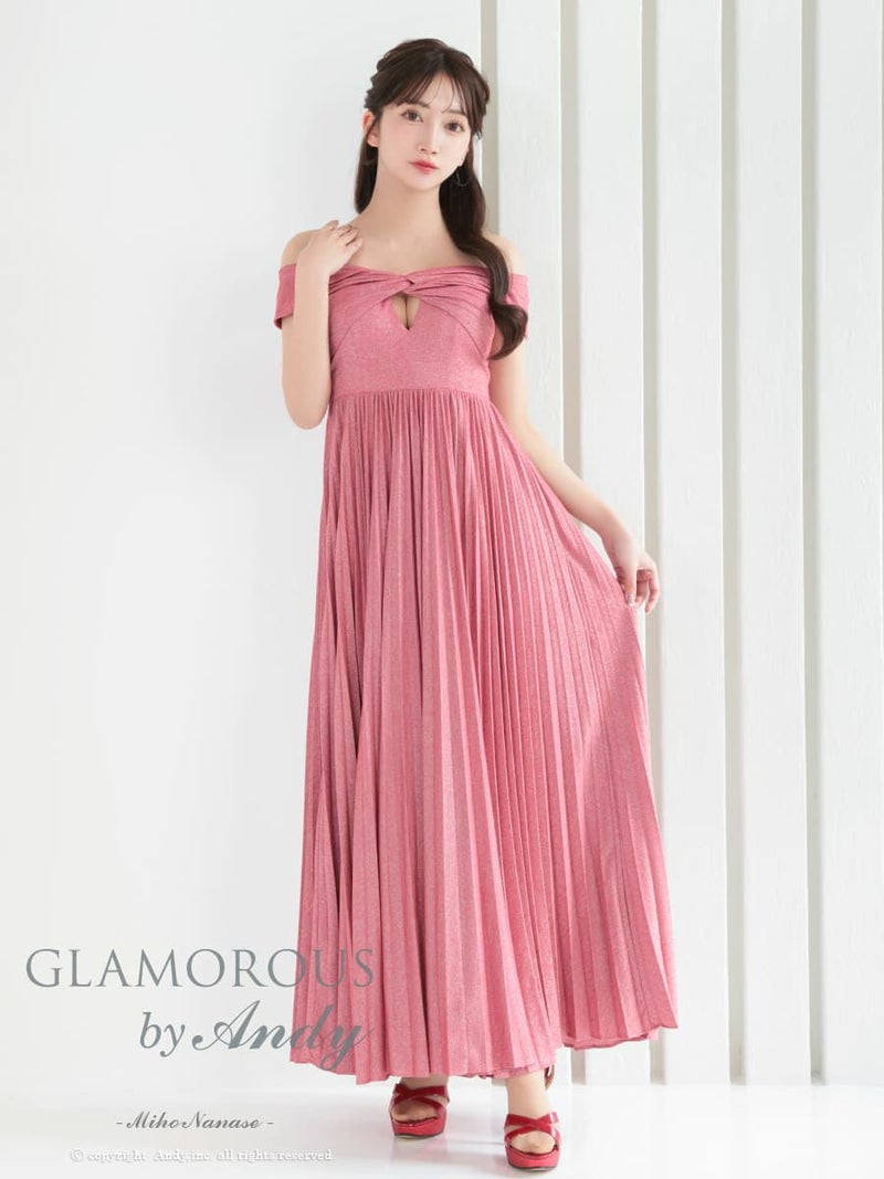 キャバドレス AndyGLAMOROUS アンディグラマラス オフショルダー タック シンプル ラメ バストカット プリーツ Aライン ロングドレス