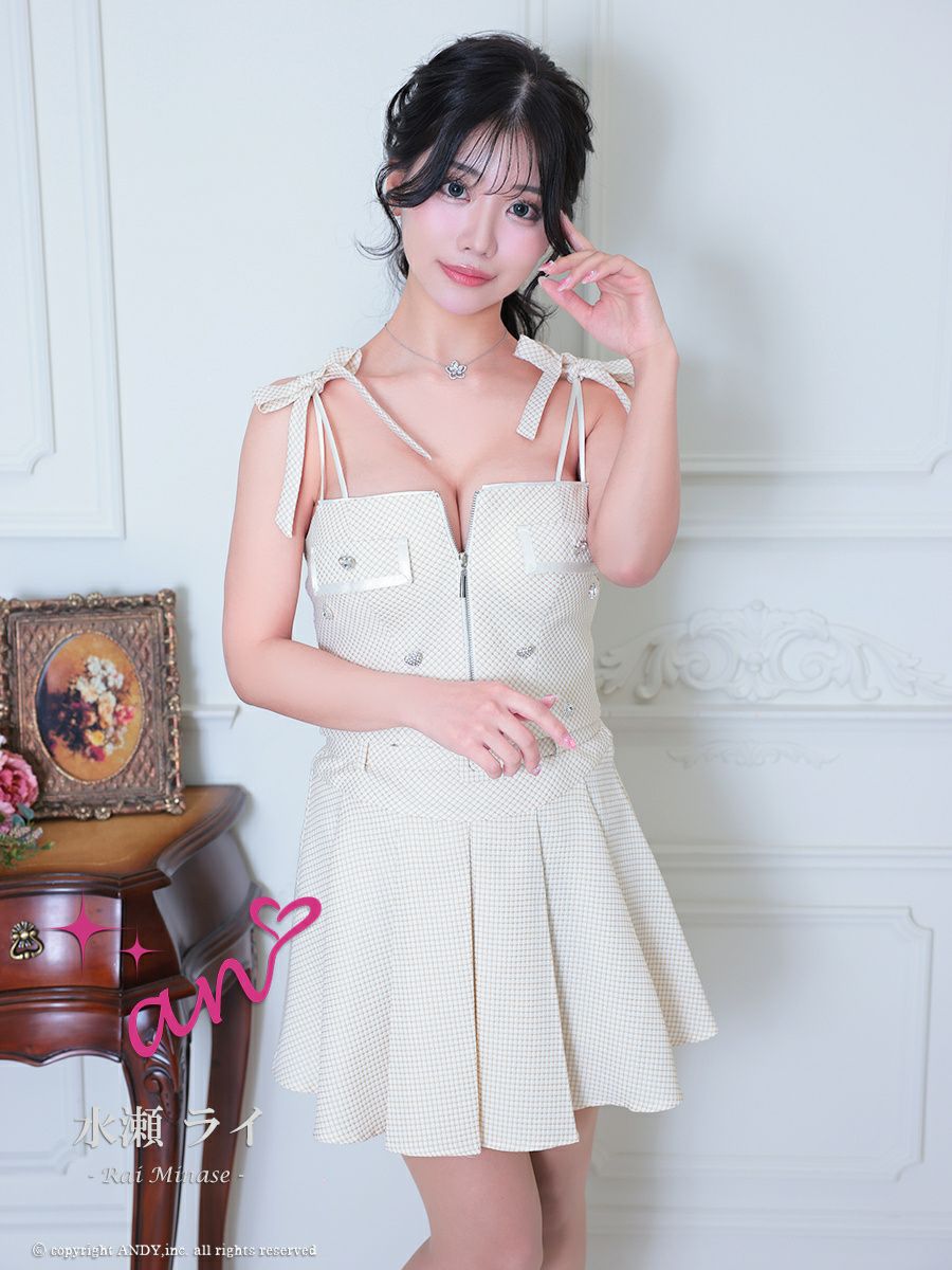 キャバドレス an アン 高級 キャミソール ジップデザイン ショルダーリボン ウエストベルト チェック柄 プリーツ セットアップ フレアミニドレス