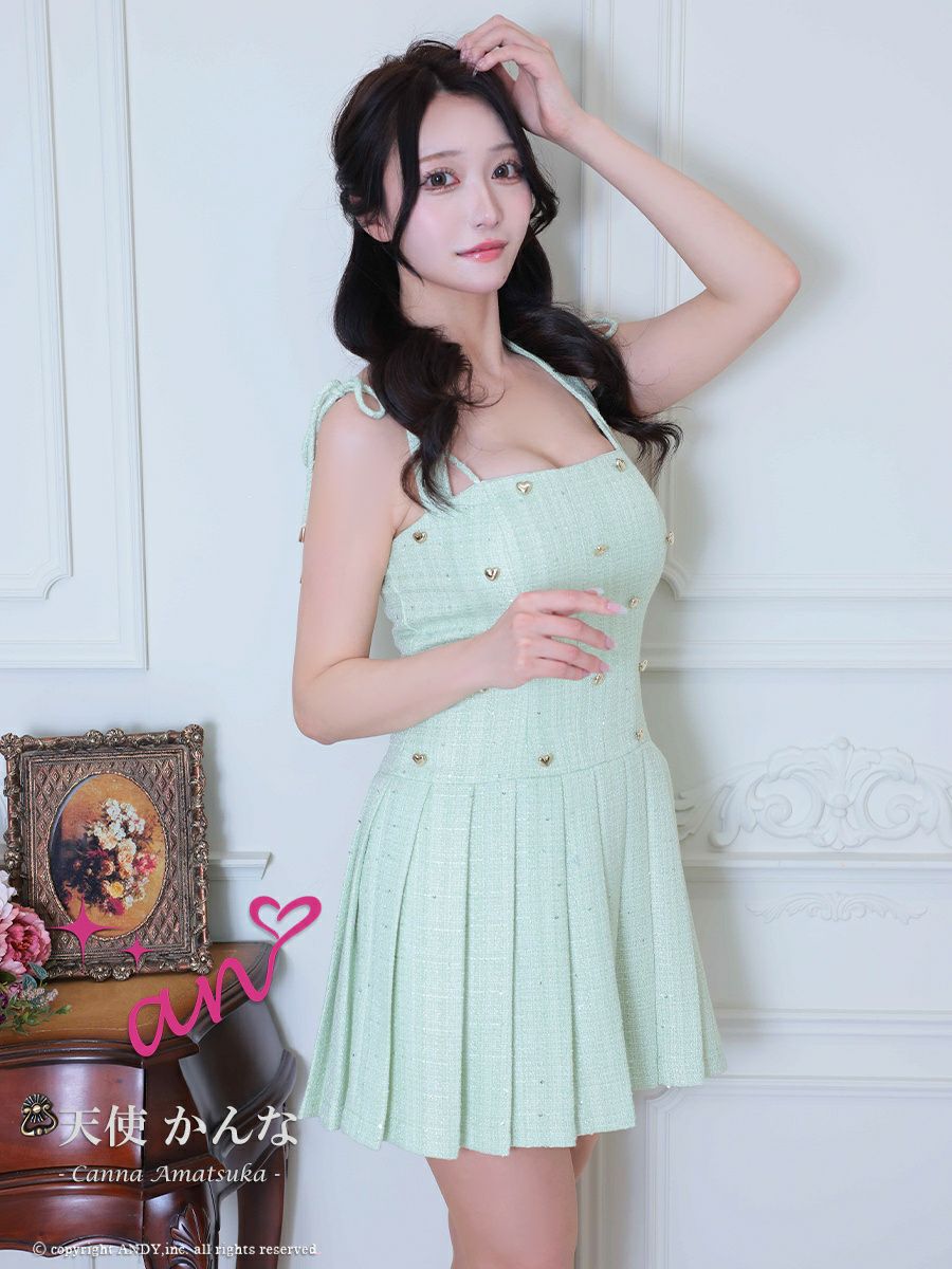 キャバドレス an アン 高級 ホルターネック ツイード ショルダーリボン スパンコール ビジュー ボタン プリーツ フレアミニドレス