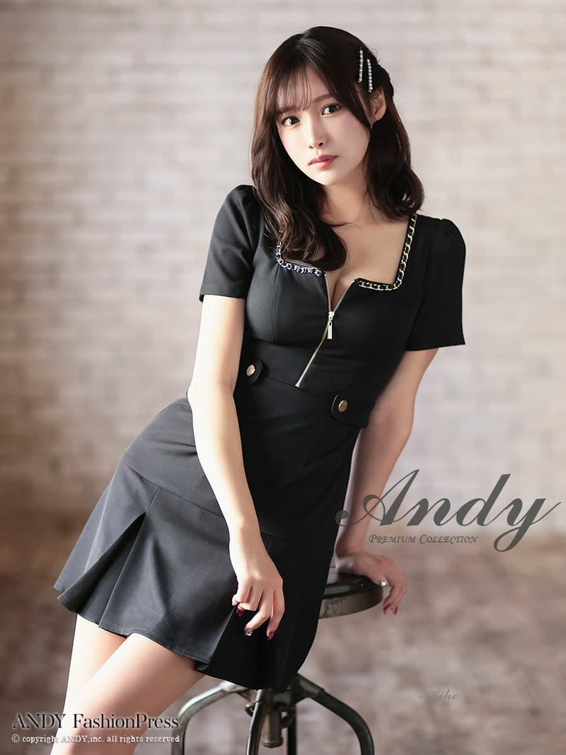 キャバドレス Andy アンディ 半袖 ワンカラー スクエアネック ジップデザイン ボタン ゴールドチェーン フレア ミニドレス