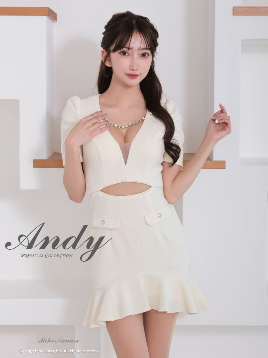 高級 半袖 ウエストカット バストシースルー チェーン 裾フリル ボタン タイトミニドレス