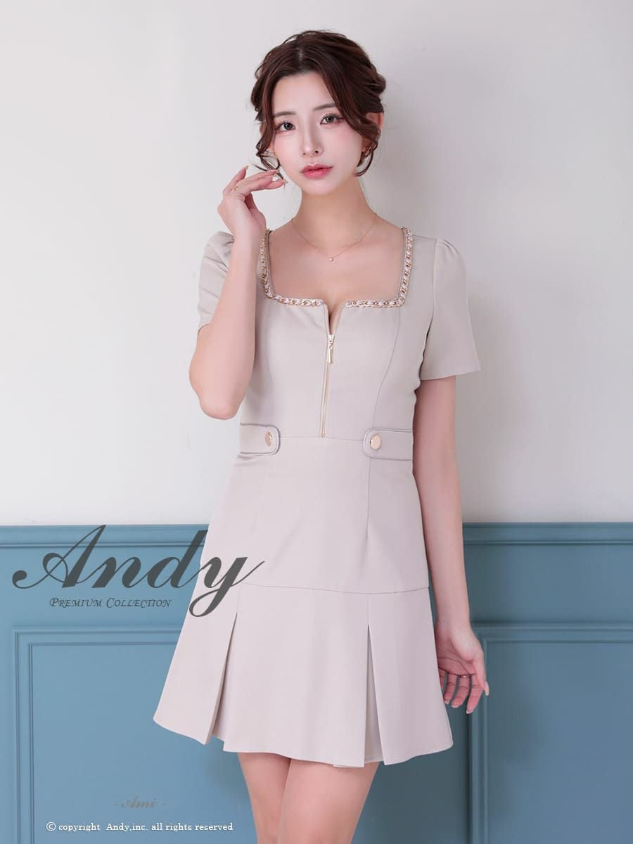 キャバドレス Andy アンディ 半袖 ワンカラー スクエアネック ジップデザイン ボタン ゴールドチェーン フレア ミニドレス