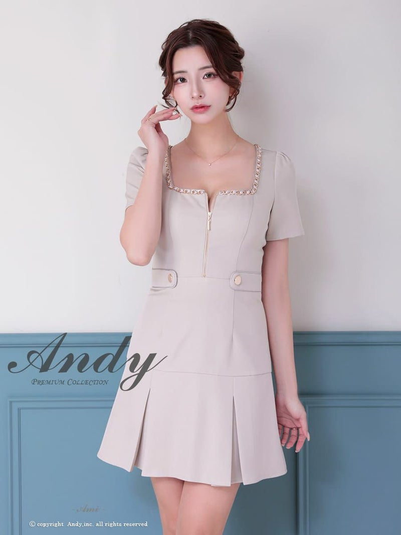 キャバドレス Andy アンディ 半袖 ワンカラー スクエアネック ジップデザイン ボタン ゴールドチェーン フレア ミニドレス
