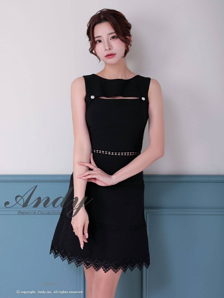 キャバドレス Andy アンディ 高級 ノースリーブ バストカット くびれ レース ボタン フレアミニドレス