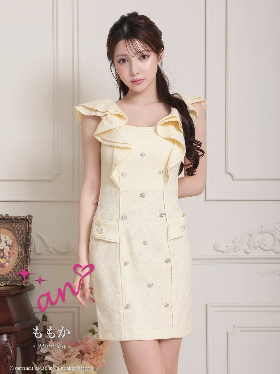 キャバドレス Andy アンディ 高級 ノースリーブ フリル ツイード ビジュー ポケット ハート ボタン タイトミニドレス