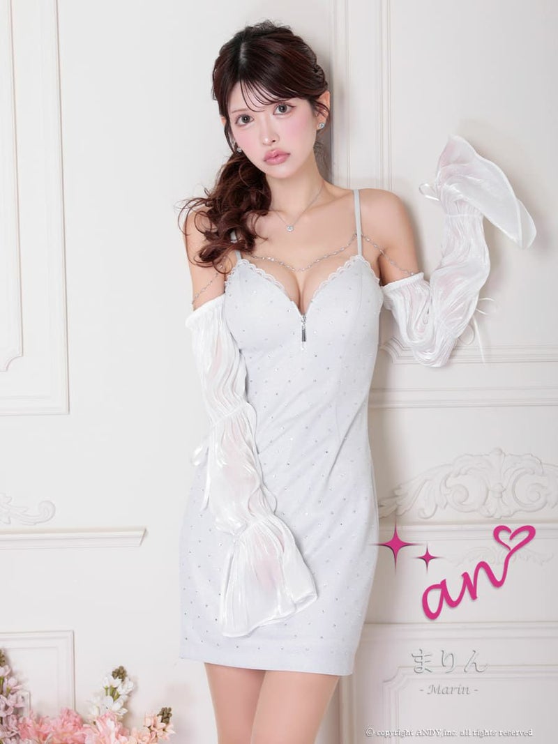 高級 袖あり キャミソール ジップ ドット柄 レース リボン レース 谷間魅せ ミニドレス