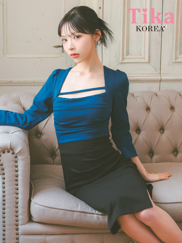 メイン画像 キャバドレス 韓国 膝丈ドレス 袖あり スクエアネック コード バイカラー サイドスリット 八部袖 ストレッチ ギャザー スリット タイト キャバドレス (緩苺着用) [tk-mdk3053]