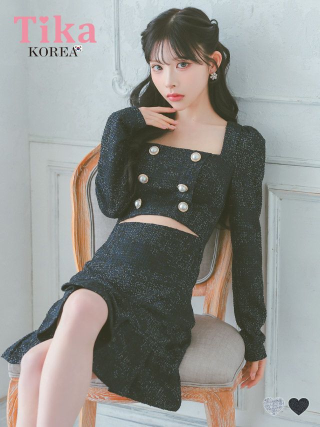 メイン画像 キャバドレス 韓国 ミニドレス ウエストカット ツイード 長袖 スクエアネック パール ダブルボタン 袖あり 裾プリーツ Aライン キャバドレス (緩苺着用) [tk-mdk3052-63a]