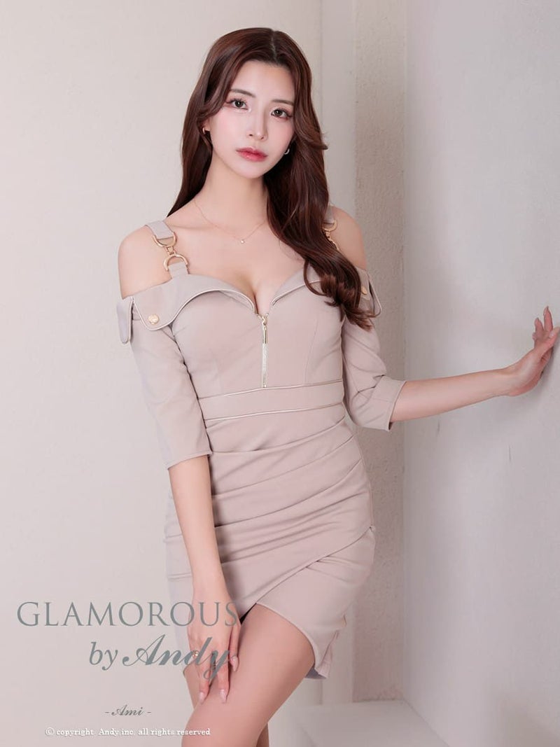 キャバドレス Andy アンディ 高級 袖あり ジップデザイン オフショルダー ゴールド金具 前開き 谷間魅せ ミニドレス