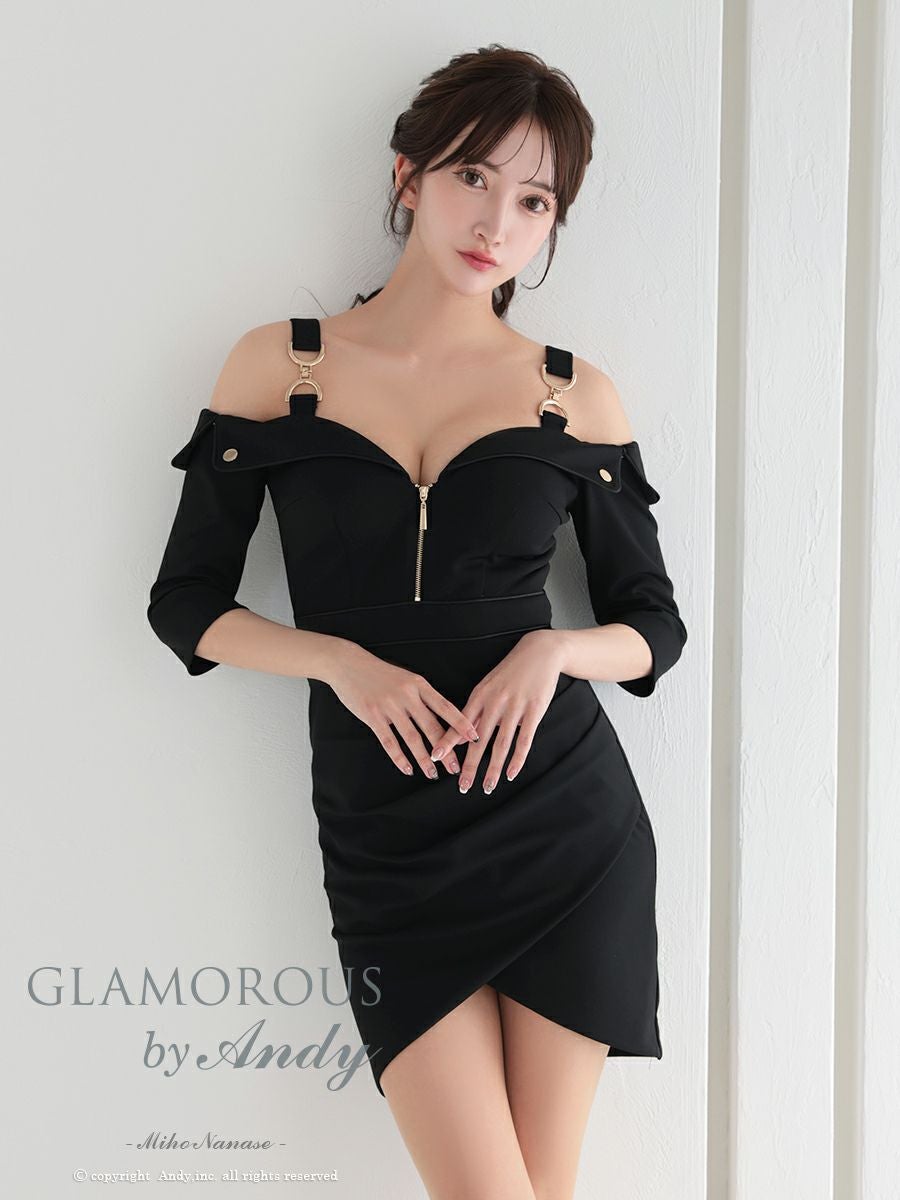 キャバドレス Andy アンディ 高級 袖あり ジップデザイン オフショルダー ゴールド金具 前開き 谷間魅せミニドレス