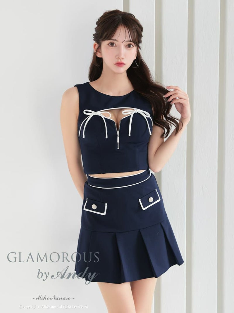 高級セットアップジップリボンノースリーブポケット谷間見せフリルミニドレス