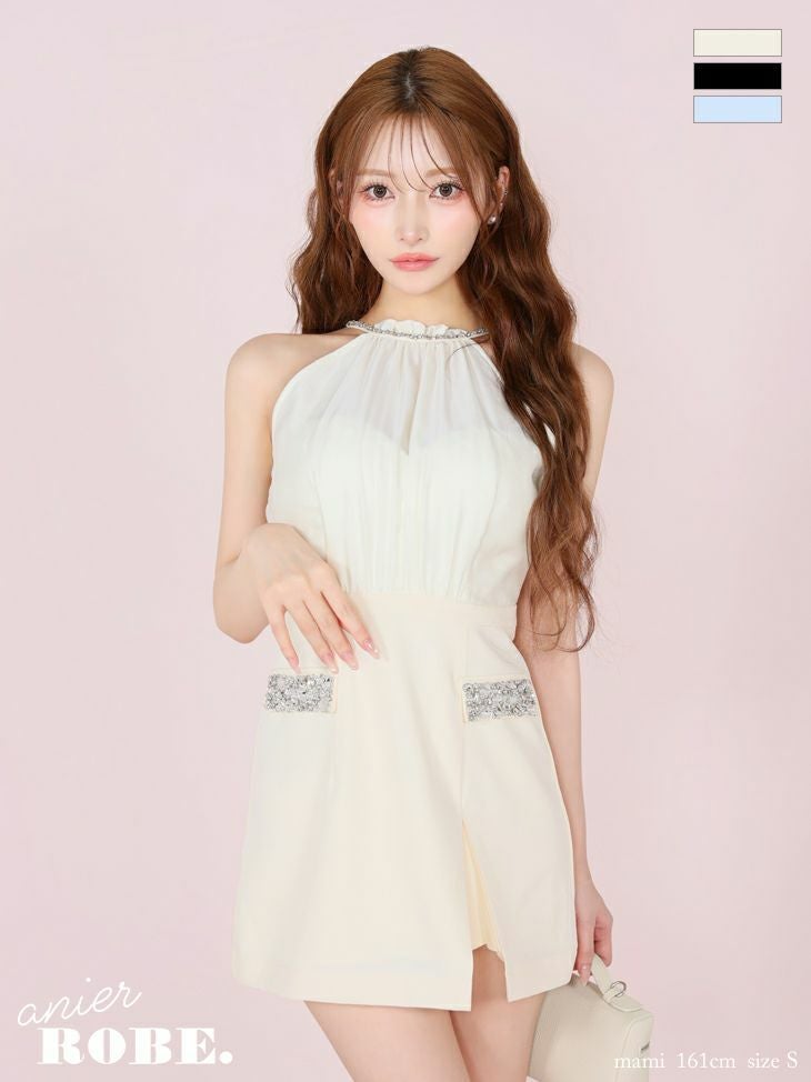 キャバドレス ミニドレス anier.ROBE アニエルローブ 高級 ホルターネック サテン バストシースルー ビジュー スリット 背中魅せ タイトミニドレス