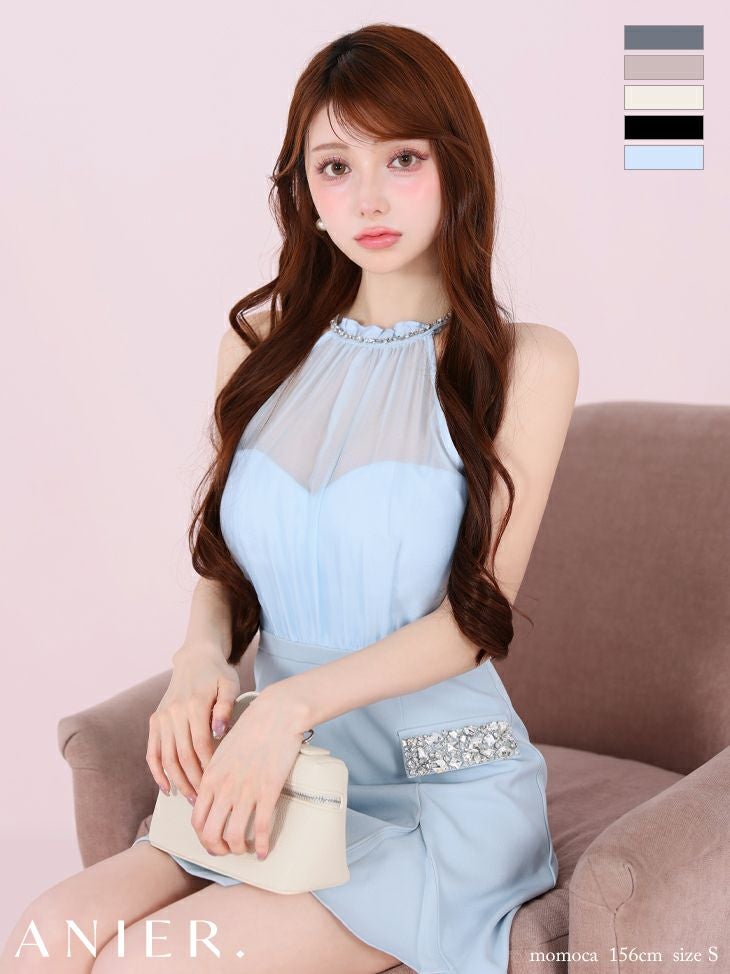 キャバドレス ミニドレス anier.ROBE アニエルローブ 高級 ホルターネック サテン バストシースルー ビジュー スリット 背中魅せ タイトミニドレス