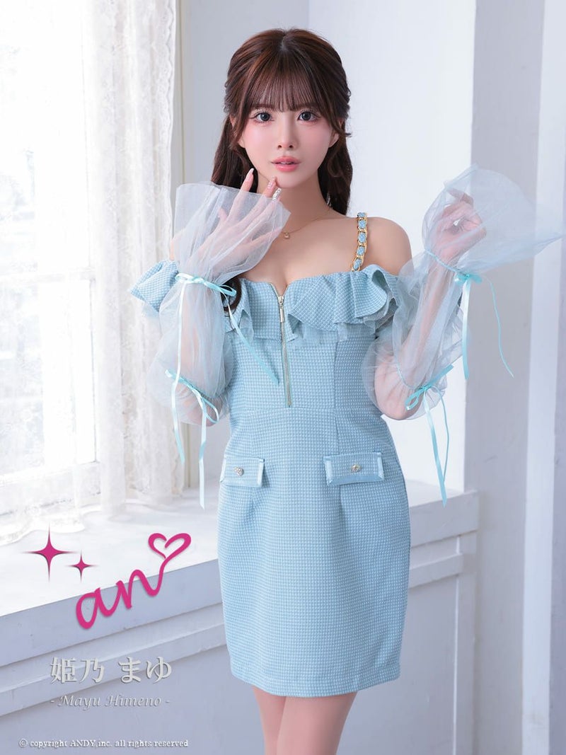 キャバドレス Andy アンディ 高級 キャミソール 肩あき チェック ジップデザイン ポケット フリル チュール袖 ビジュー タイトミニドレス