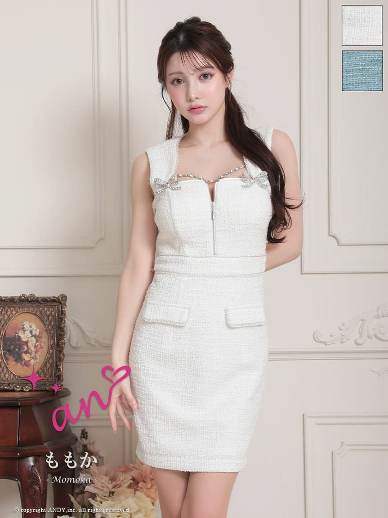 キャバドレス Andy アンディ 高級 ノースリーブ リボン ツイード ジップデザイン 谷間魅せ タイトミニドレス