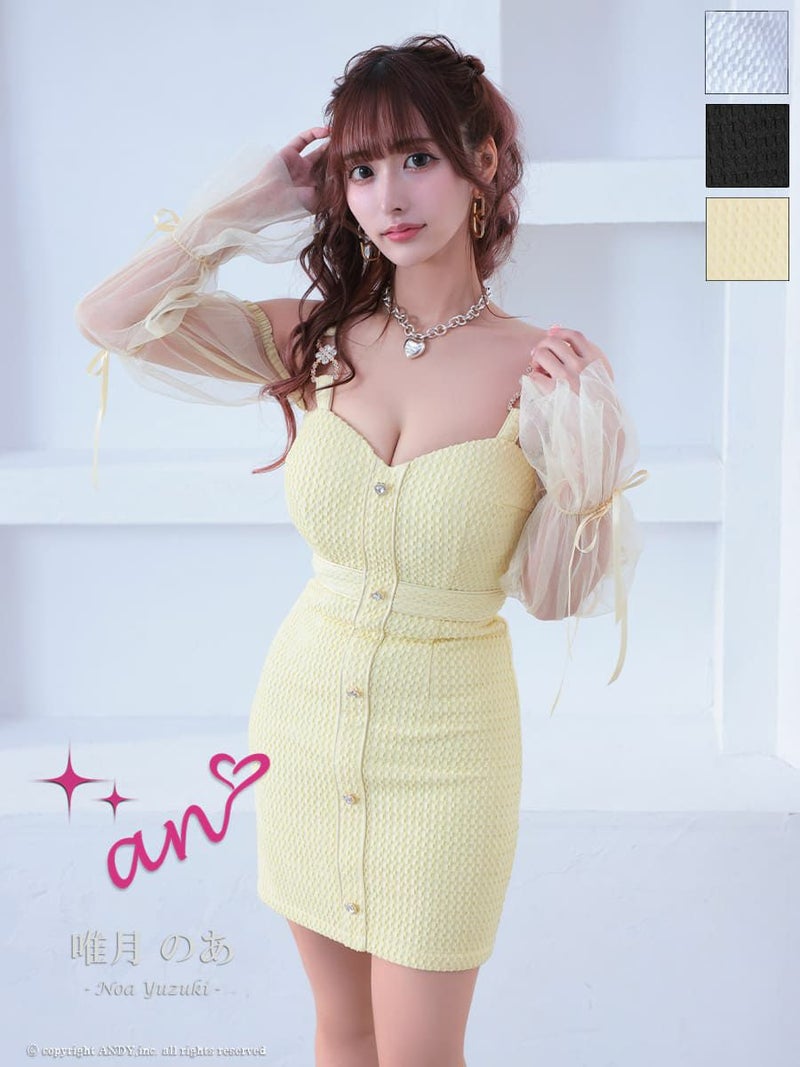 キャバドレス an アン 高級キャミソールチュール袖ハートビジュータイトミニドレス