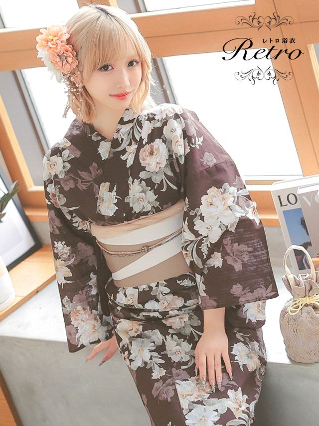 [選べる帯] アンティーク フラワー 2025 レトロ 3点セット まやりん着用  (ゆかた・平帯or作り帯・下駄)+B:B