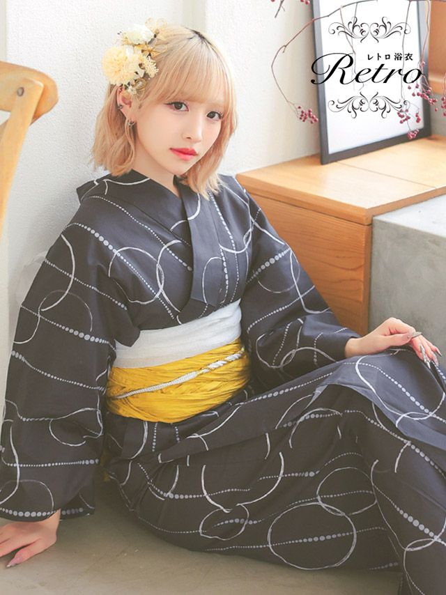 [浴衣] モダン サークル柄 2025 レトロ 3点セット まやりん着用 (ゆかた・兵児帯・下駄)