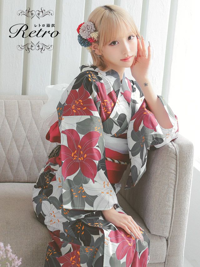 [浴衣 選べる帯] 古典レトロ 埋め尽くし百合柄 2025 3点セット まやりん着用 (ゆかた・平帯or作り帯・下駄)