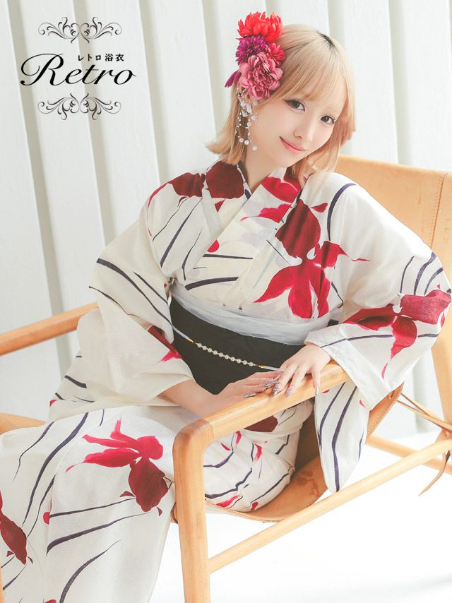 [浴衣] 流水金魚 クリーム地  2025 レトロ 3点セット まやりん着用  (ゆかた・平帯・下駄)