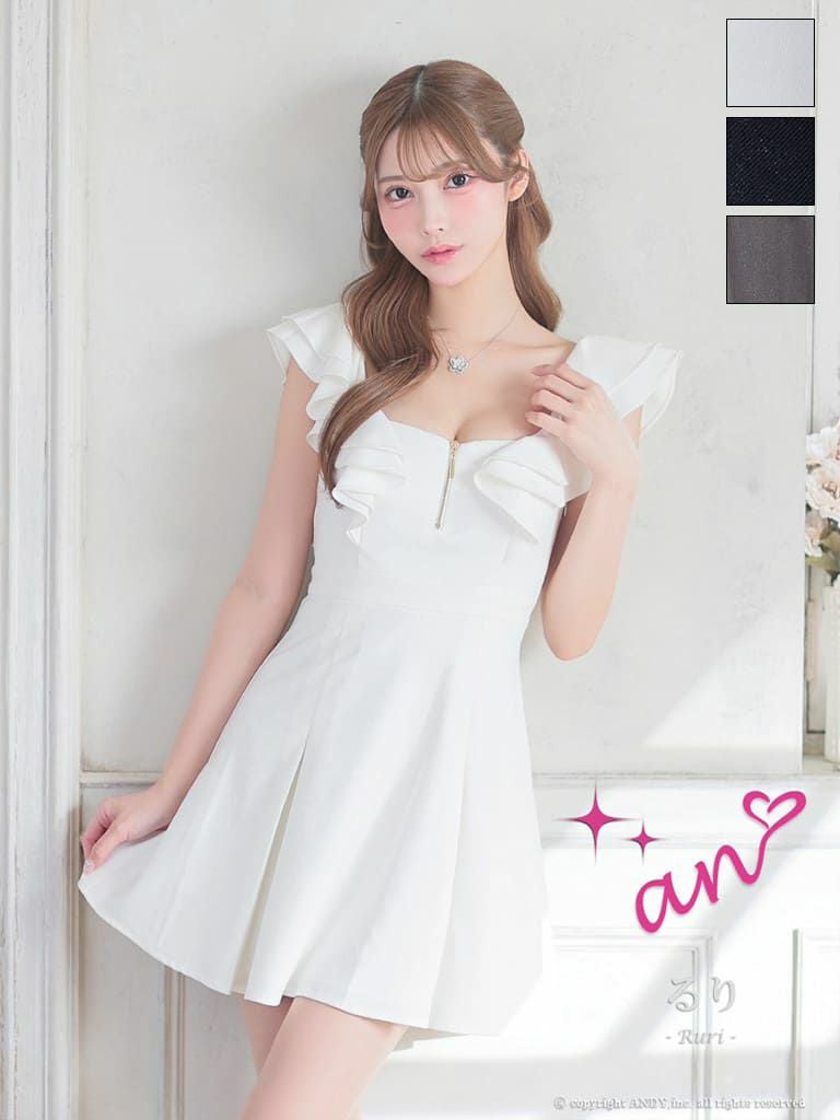 キャバドレス Andy アンディ 高級 半袖　ジップデザイン　バストカット　リボン　フリル　背中魅せ　フレアミニドレス