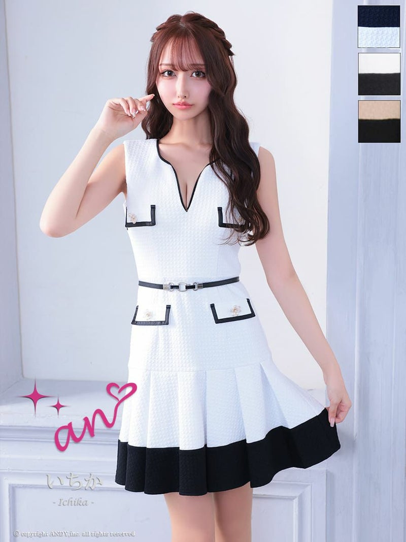 高級 ノースリーブ ウエストベルト ポケット 背中魅せ バストカット プリーツ フレアミニドレス　