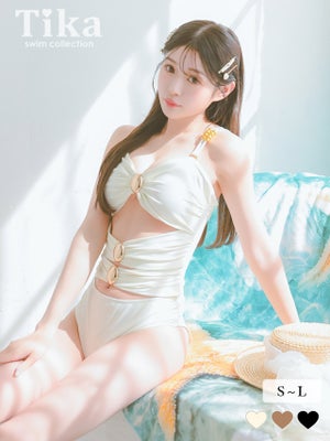  水着 ワンピース モノキニ 体型カバー カットアウト セクシー ギャル 韓国風 ゴールド金具 シャーリング ハイウエスト 背中カバー ホワイト 白 (雨宮由乙花着用) [tk-sw20620] モデル：雨宮由乙花　身長160cm