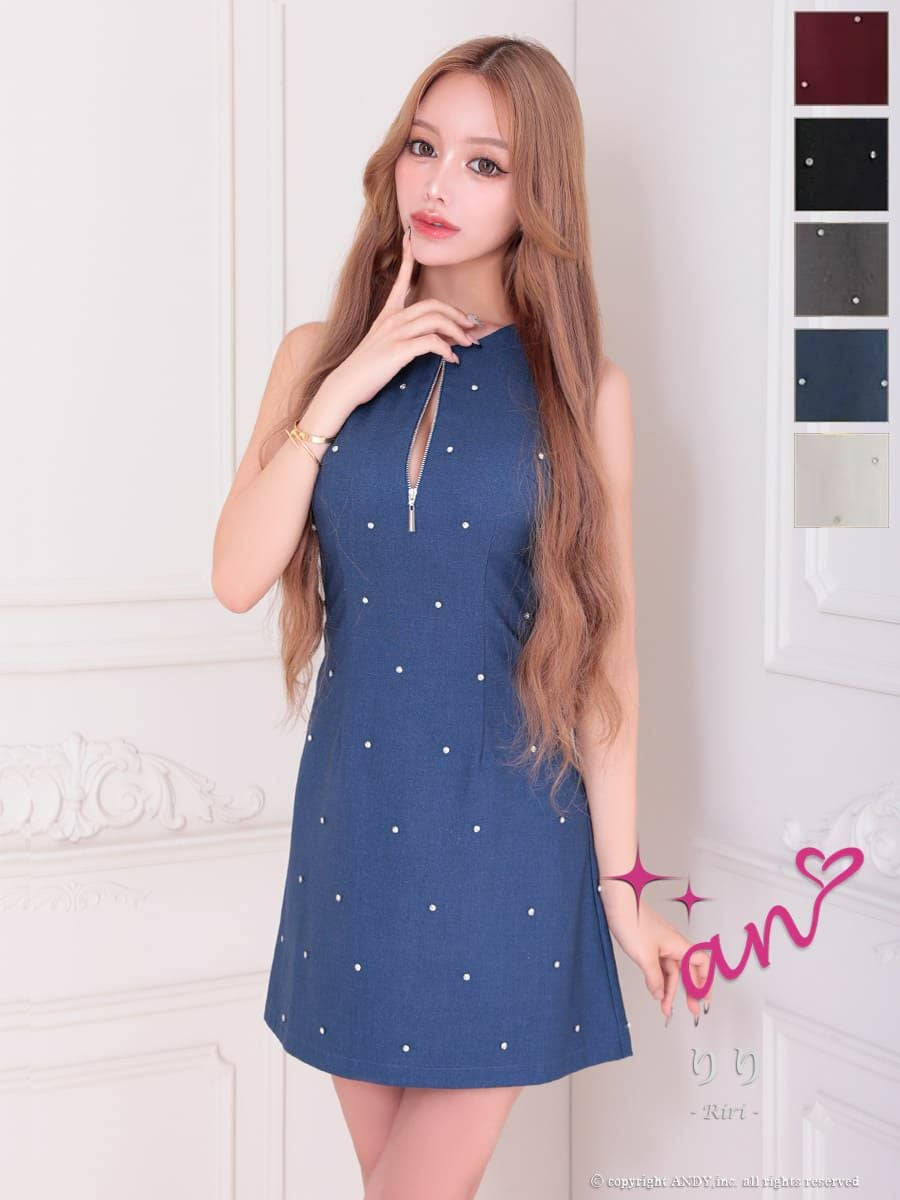 キャバドレス Andy アンディ 高級 ノースリーブ ジップデザイン ビジュー ドット柄 背中魅せ フレアミニドレス