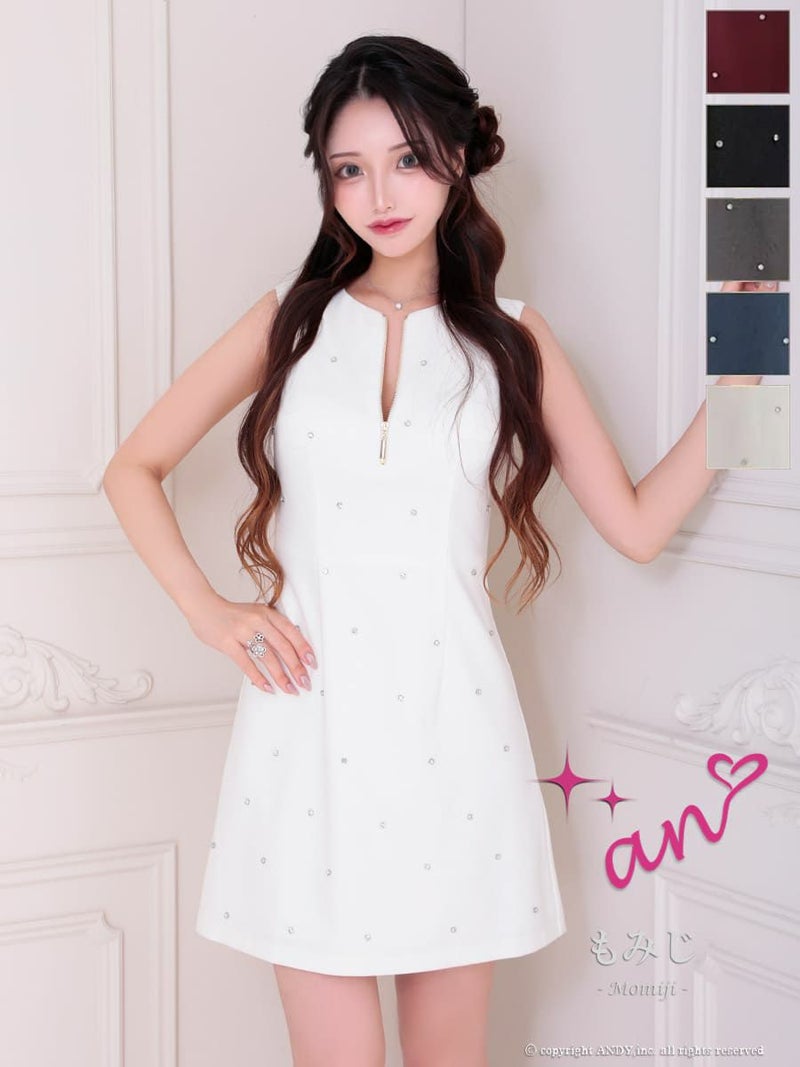 高級 ノースリーブ ジップデザイン ビジュー ドット柄 背中魅せ フレアミニドレス