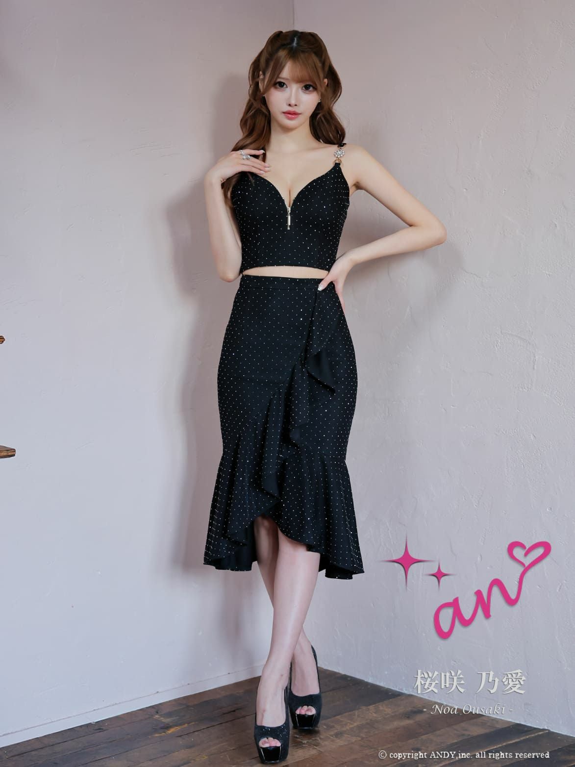 高級ノースリーブ フロントジップ セットアップ マーメイドライン 膝丈 ロングテールドレス