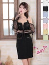 高級 ノースリーブ 長袖 リボン レース ポケット ジップデザイン 谷間魅せ タイトミニドレス