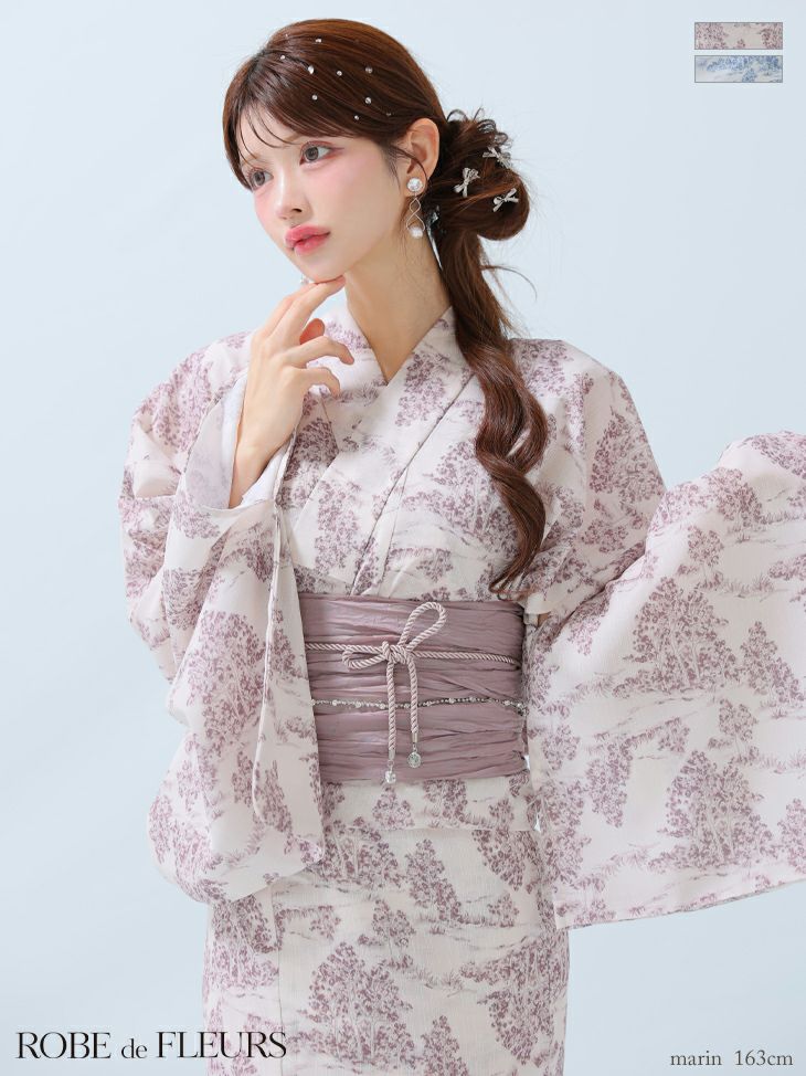 [ROBEdeFLEURS/ローブドフルール] [浴衣] 高級 フラワープリント 選べる2点or3セット (浴衣+帯+帯紐ありor帯紐なし)