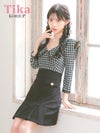 メイン画像 キャバドレス 韓国 ミニドレス 袖あり 襟付き チェック柄 八部袖 裾プリーツ タイト キャバドレス (緩苺着用) [tk-mdk3011]
