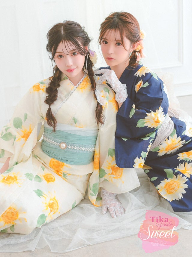 [浴衣] 向日葵 ガーリー sweet グラデーション 紺色 ネイビー イエロー 2点セット (聖菜/雨宮由乙花着用) [tk-yksw25-ec3]