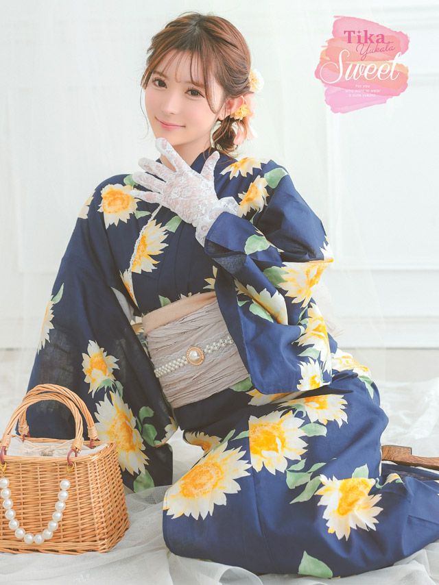 [浴衣] 紺地 グラデーション 向日葵 2025 SWEETシリーズ 3点セット (ゆかた・兵児帯・下駄)