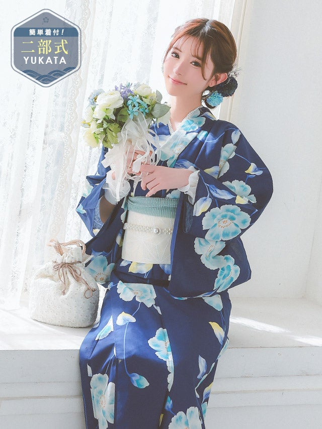 [浴衣] セパレート 上下別 二部式 シャクナゲ 水彩 ガーリー sweet 青 ブルベ 簡単 一人で着れる 2点セット (聖菜着用) [tk-yksw25-nt61nb]