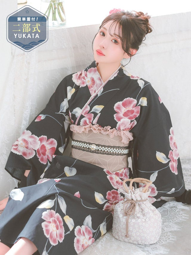 [セパレート浴衣] 黒地 ピンク 水彩 シャクナゲ 二部式 簡単 一人で着れる 2025 SWEETシリーズ 3点セット (ゆかた・作り帯・下駄)