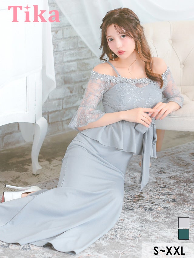 キャバドレス ロング丈 大きいサイズ タイト 体型カバー 袖あり ペプラム ロングドレス