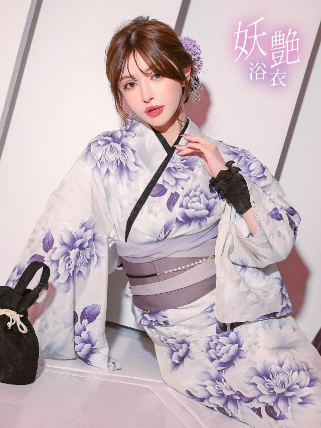 [浴衣 選べる帯] 白地 水彩 牡丹 2025 妖艶シリーズ 3点セット (ゆかた・平帯or作り帯・下駄)