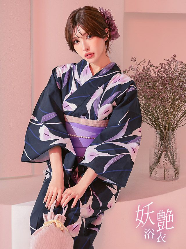 [浴衣 選べる帯] 妖艶 濃紺 白 菖蒲 3点セット (ゆかた・平帯or作り帯・下駄)