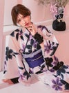 [浴衣] 白地 水彩 ２色百合 妖艶シリーズ 3点セット (ゆかた・平帯・下駄)