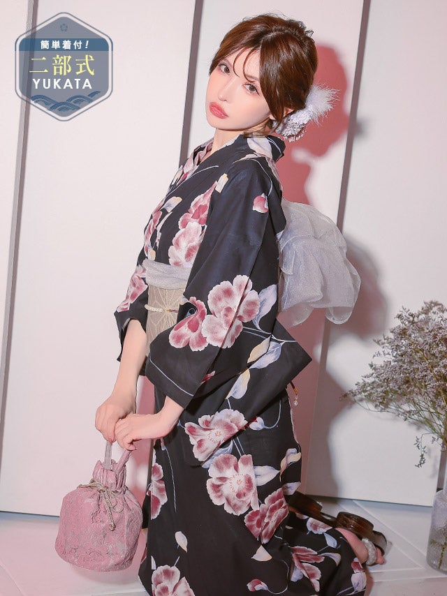 [セパレート浴衣] 黒地 グラデーション 石楠花 二部式 簡単 一人で着れる 2025 妖艶シリーズ 3点セット (ゆかた・作り帯・下駄)