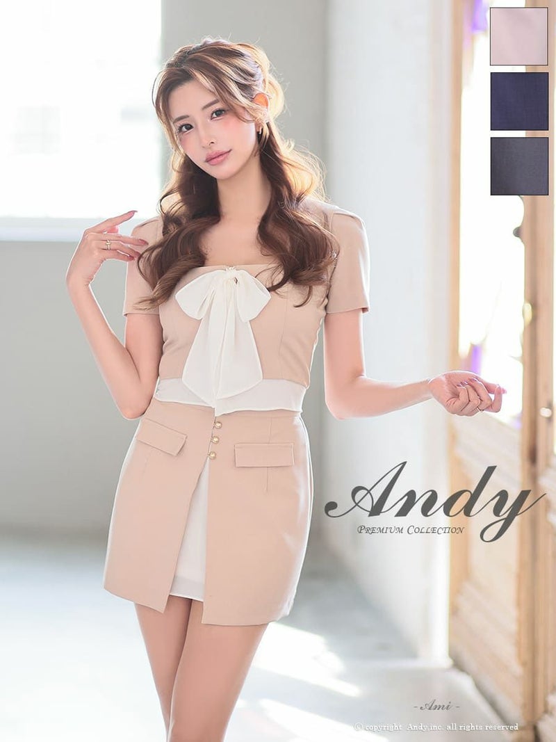 キャバドレス Andy アンディ 高級 半袖 スクエアネック リボン スリット セットアップ ゴールドボタン タイトミニドレス