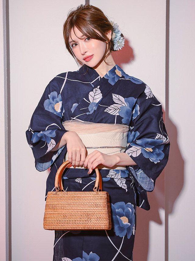 浴衣] 椿柄 大人っぽい 妖艶 モダン 紺色 ネイビー ブルベ 2点セット