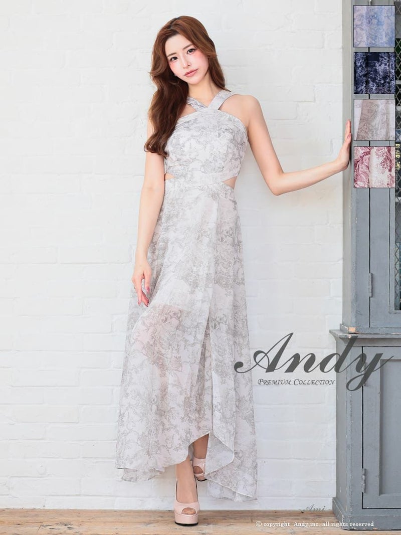 キャバドレス Andy アンディ 高級 ノースリーブ ウエストカット フリル 花柄 Aラインロングドレス
