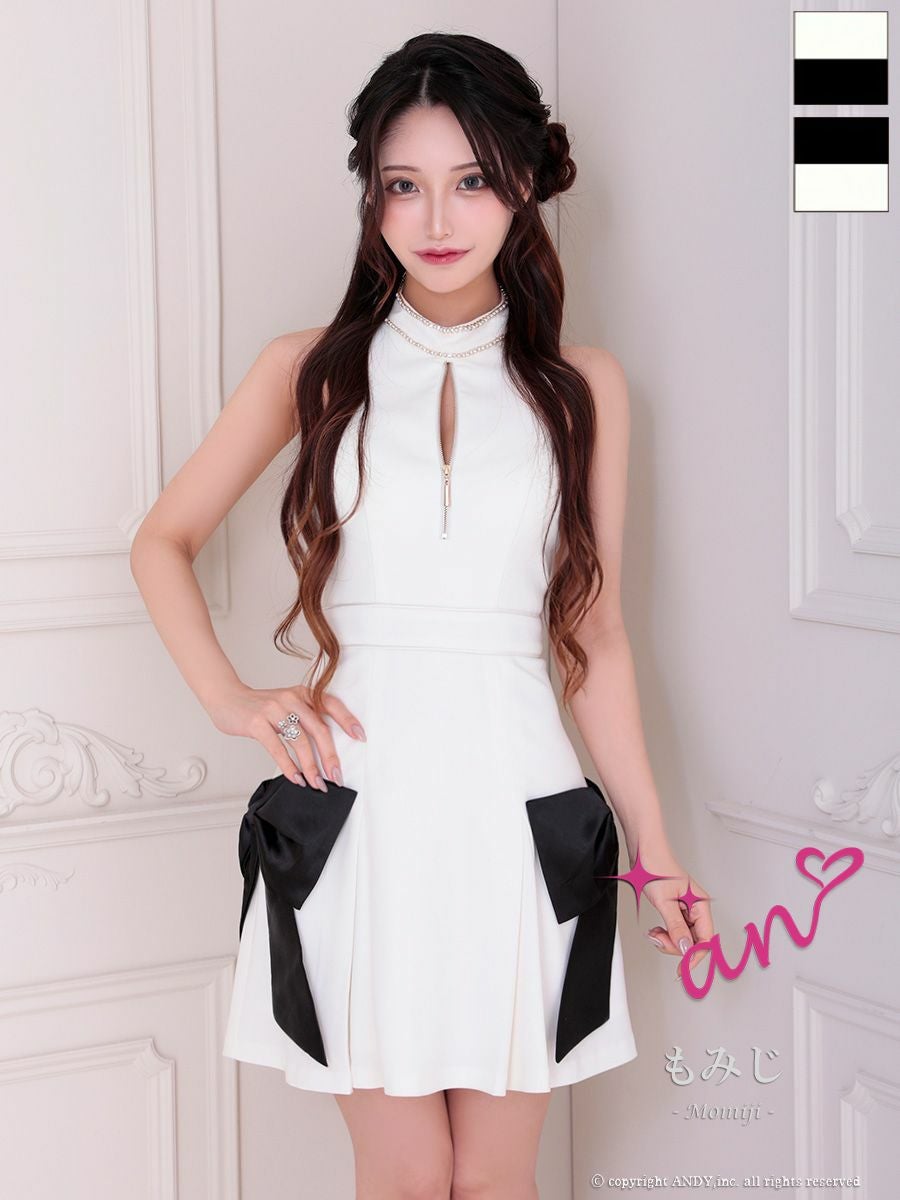 キャバドレス Andy アンディ 高級 肩あき ホルターネック ジップデザイン バストカット リボン フレアミニドレス