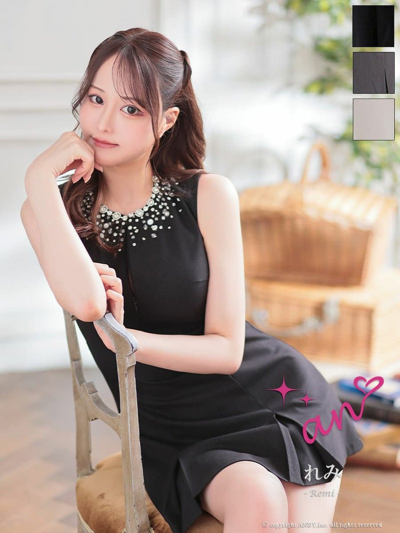 キャバドレス An アン 高級 ノースリーブ ビジュー 背中魅せ ボックスプリーツ ジップデザイン　フレアミニドレス