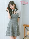 メイン画像 キャバドレス 韓国 ミニドレス 襟付き バストカット ネックリボン チェック柄 半袖 谷間魅せ Aライン キャバドレス (緩苺着用) [tk-mdk169]