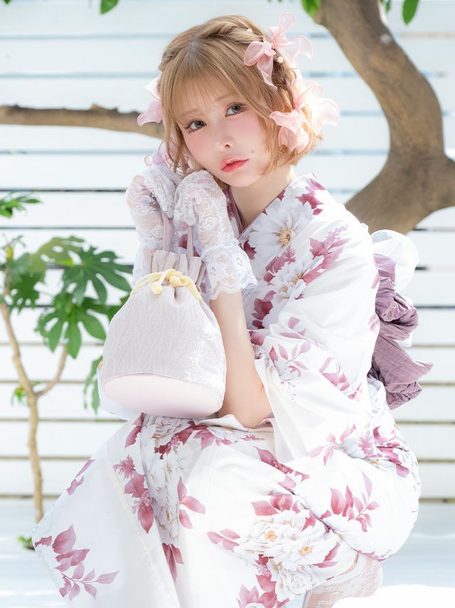 浴衣] 牡丹柄 ガーリー sweet ニュアンス ピンク くすみピンク 2点