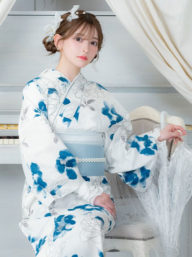 浴衣] 水彩フラワー 線画 ガーリー sweet ニュアンス 青 ブルベ 白 2点